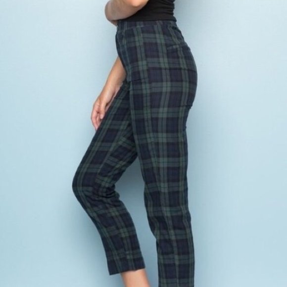 Brandy Melville Tilden Pants Navy Dark Green Plaid - Picture 2 of 4